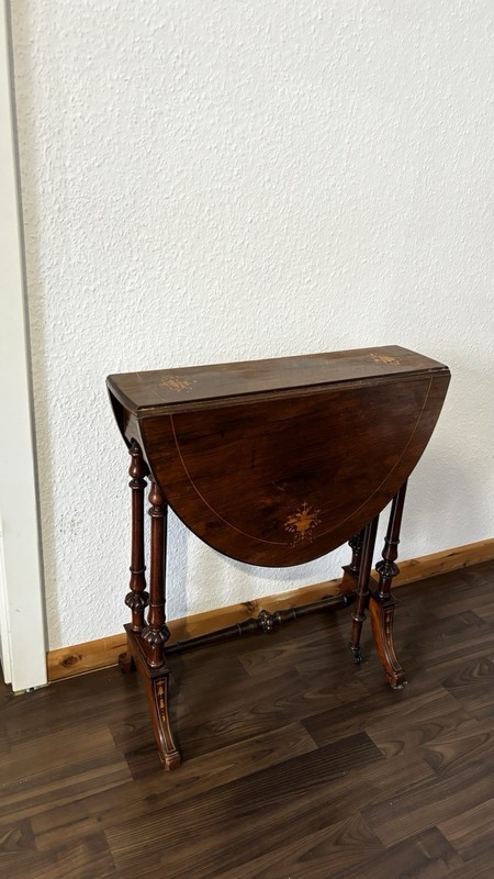 Antique Wooden Drop Leaf Oval Table with Ornate Legs, Inlay Detail, Brown gallery