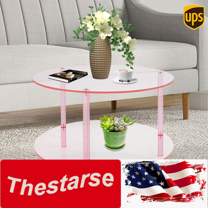 Modern Round Pink Acrylic Coffee Table, Modern Coffee Table, 2-tier Coffee Table