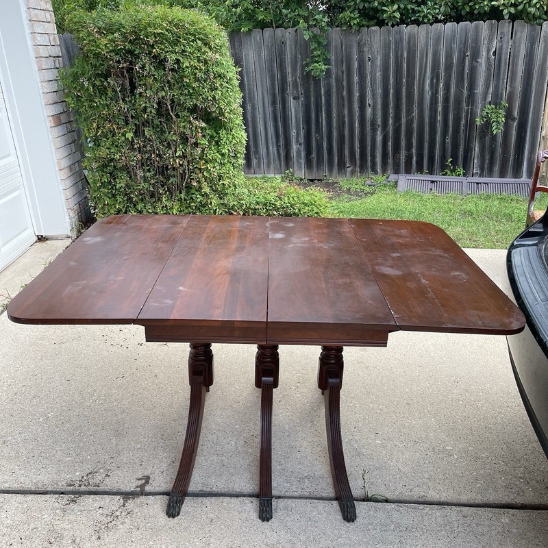 Vintage Duncan Phyfe Triple Pedestal Mahogany Drop-Leaf Dining Table & 4 Leaves gallery