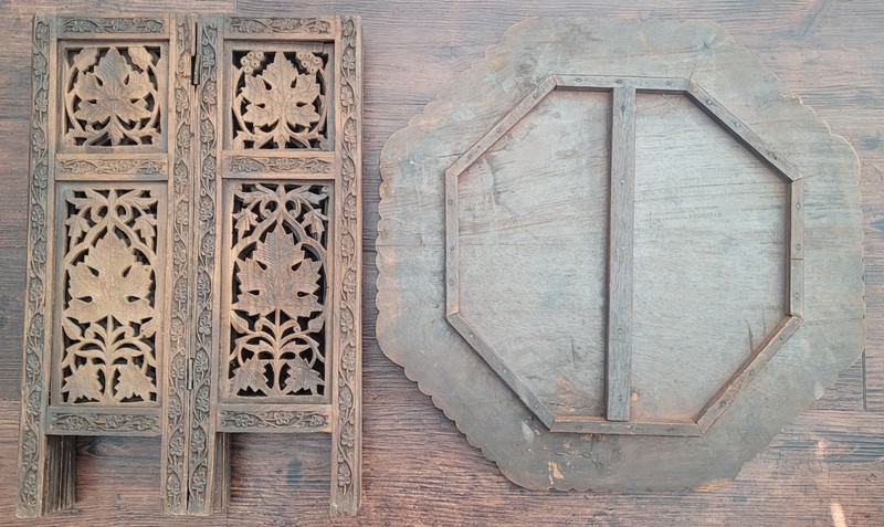 ANTIQUE intricately carved Anglo-Indian wooden side table with inlaid details gallery