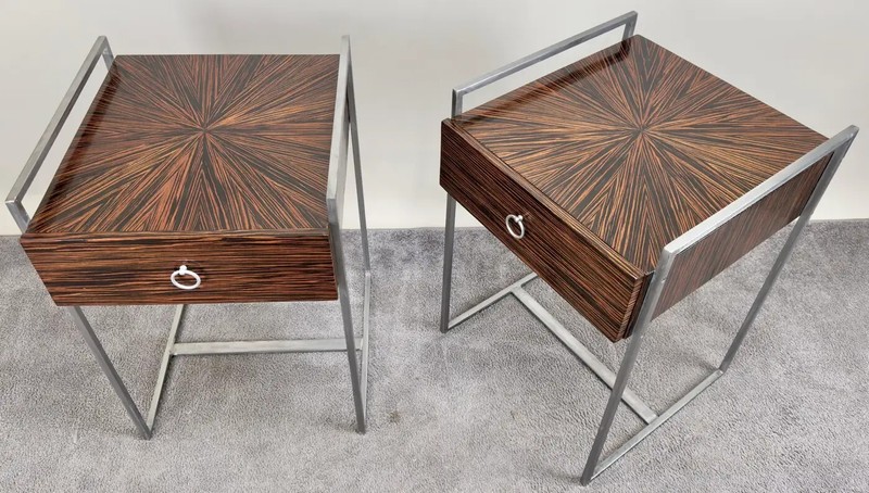 Mid-Century Modern Macassar Zebra Design & Iron Nightstand or End Table, a Pair gallery