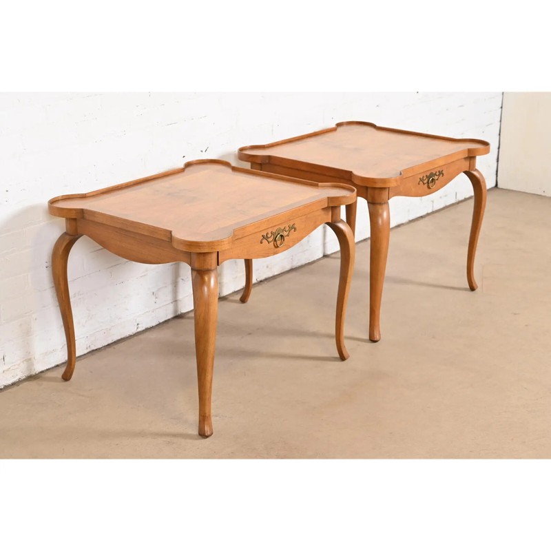 Baker Furniture French Provincial Louis XV Cherry and Burl Wood Tea Tables