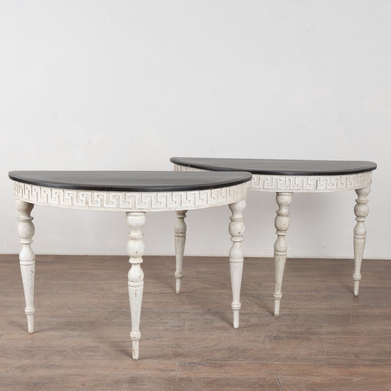 Pair, 19th Century Swedish Gustavian White Demi Lune Console Tables