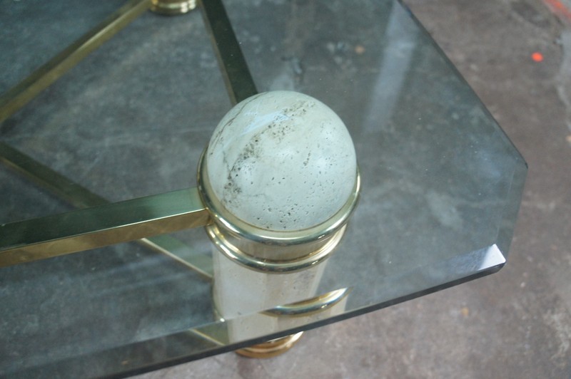 Vintage Italian Regency Travertine Stone Brass & Glass Coffee Cocktail Table 44" gallery