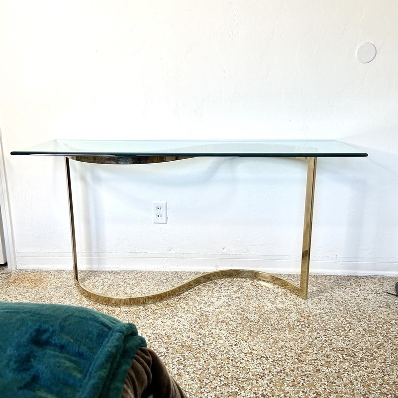 Vintage Mid-Century Hollywood Regency Glass & Brass Clear & Gold Console Table gallery