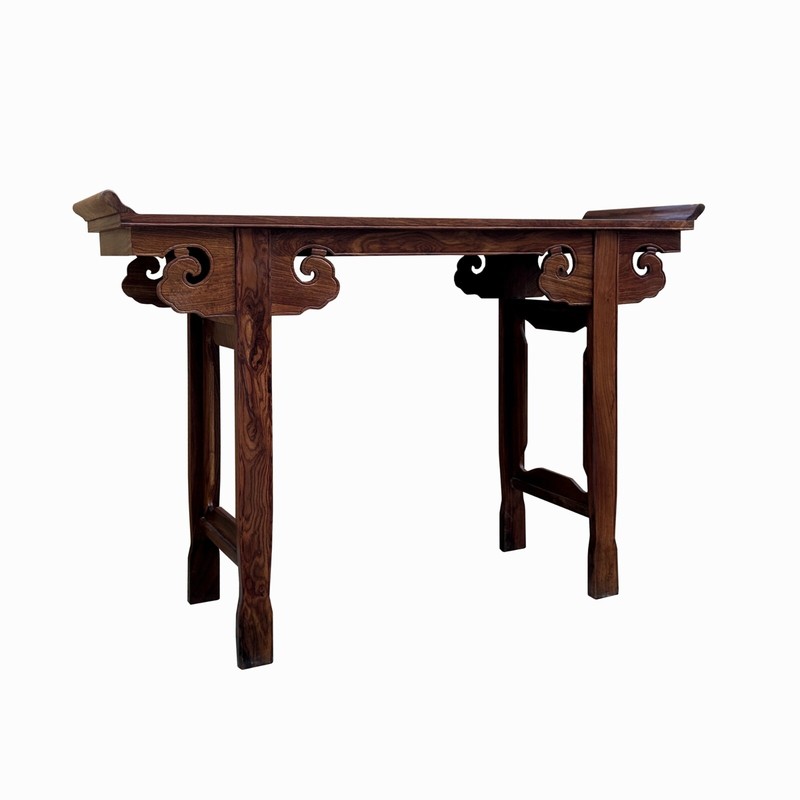 Chinese Brown Natural Wood Point Edge RuYi Apron Altar Console Table cs7730 gallery
