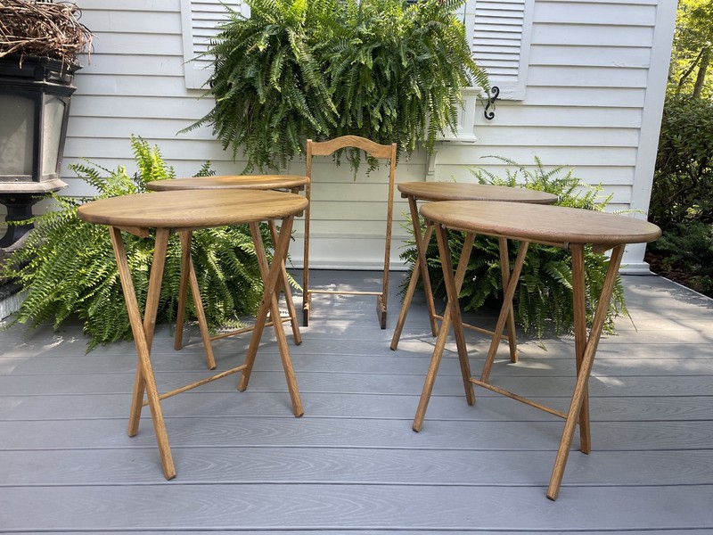 VTG 4 OAK WOOD OVAL FOLDING TV TRAY TABLE RACK STAND SET USE END SIDE NIGHTSTAND gallery