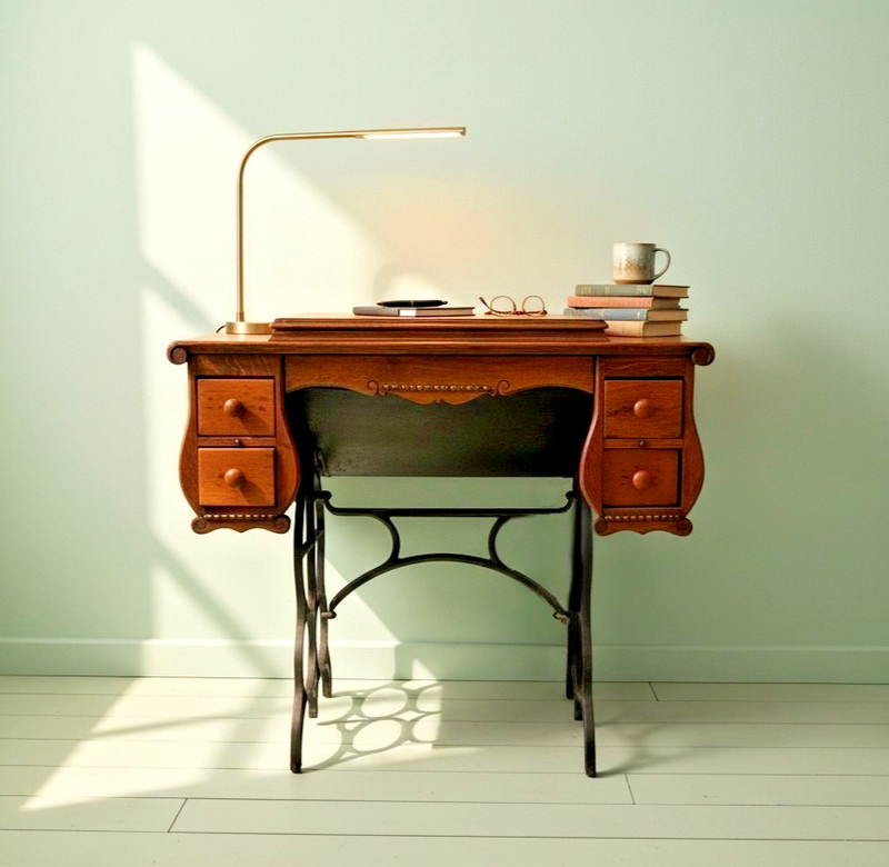 Antique Oak Storage Table with Foldout Top, Inside Compartment and 5 Drawers