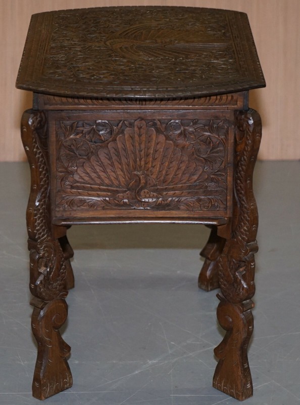 CIRCA 1880 BURMESE HAND CARVED PEACOCK SEWING TABLE CUPBOARD CHEST OPEN TOP gallery