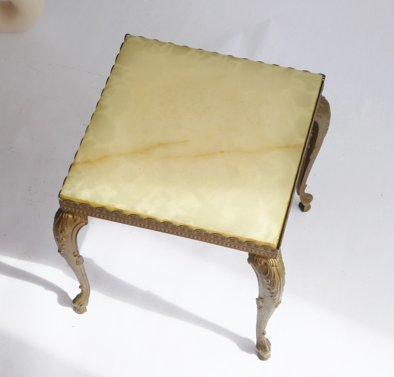 Vintage Neoclassical French Table with Brass and Onyx, Ornate Square Plant Stand gallery