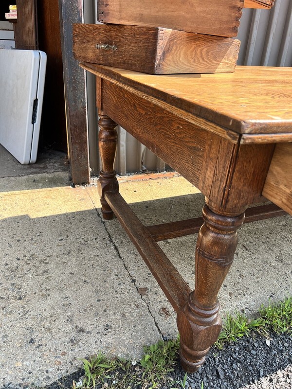 c1900 massive oak Trestle style table great patina 9’/42/30.5” - 10 drawers gallery