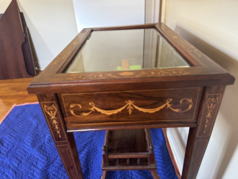 Antique Marquetry Vitrine Display Table with Beveled Glass Top 19th Century gallery