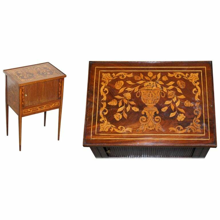 RARE 19TH CENTURY DUTCH MARQUETRY INLAID SIDE TABLE WITH TAMBOUR FRONTED DOOR