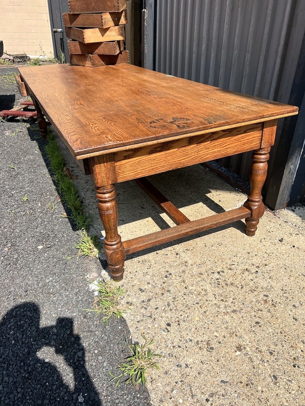c1900 massive oak Trestle style table great patina 9’/42/30.5” - 10 drawers gallery