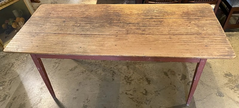 19th c Country Pine Harvest Farm Table with Red Painted Base gallery