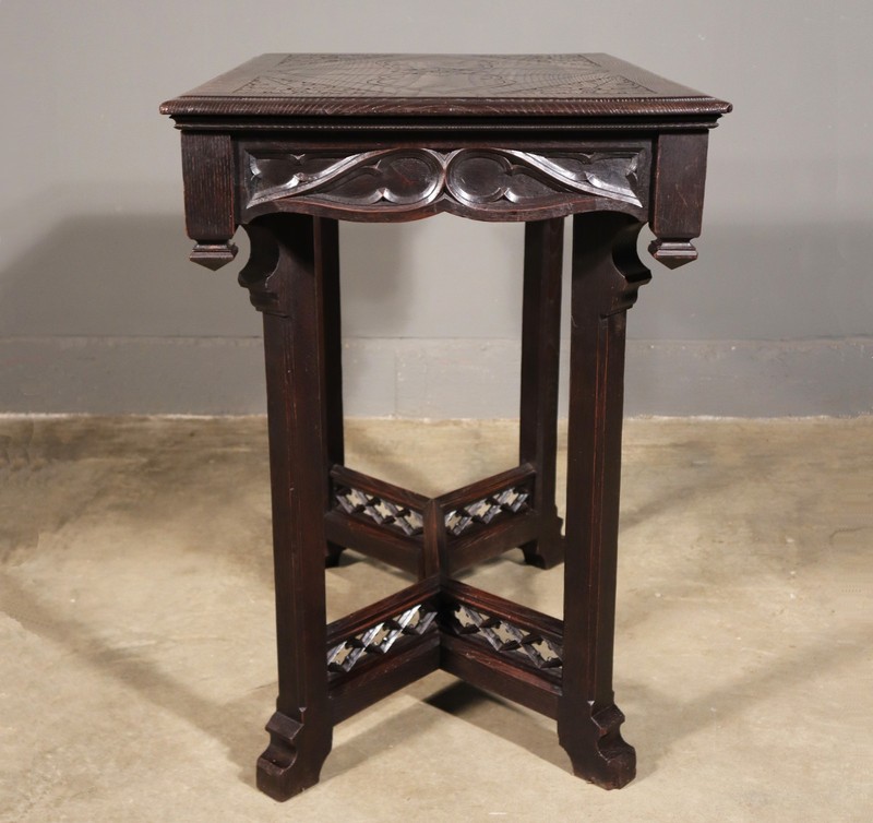 Antique French Gothic Revival Table in Solid Chestnut Wood With Carvings gallery