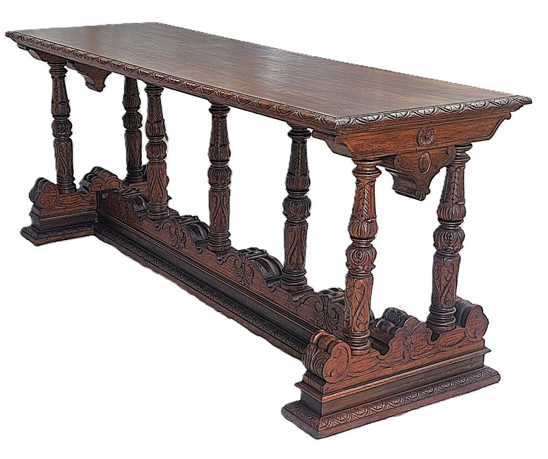 Antique Italian Renaissance Revival Console Library Sofa Table Solid Walnut 1920