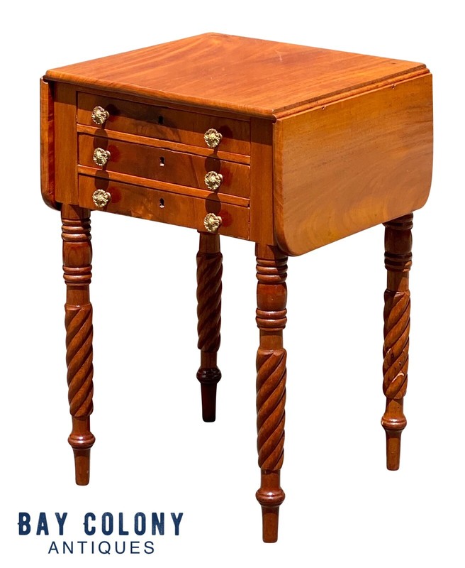 Antique Mahogany 3 Drawer Worktable / Nightstand with Rope Carved Legs gallery