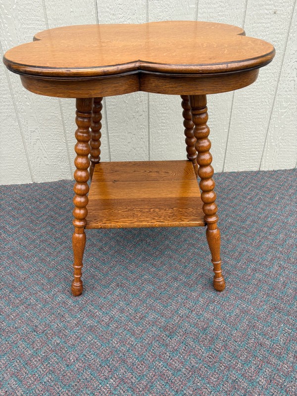 67745 Antique Oak Clover Table with Barley Twist Legs and Shelf gallery