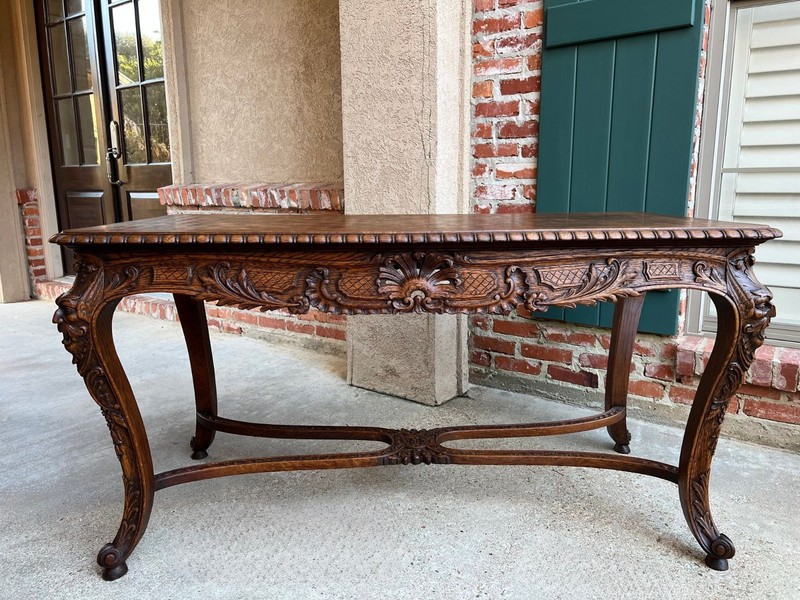 Antique French Center Library Table Louis XV Carved Oak Rococo Parquetry c1890 gallery