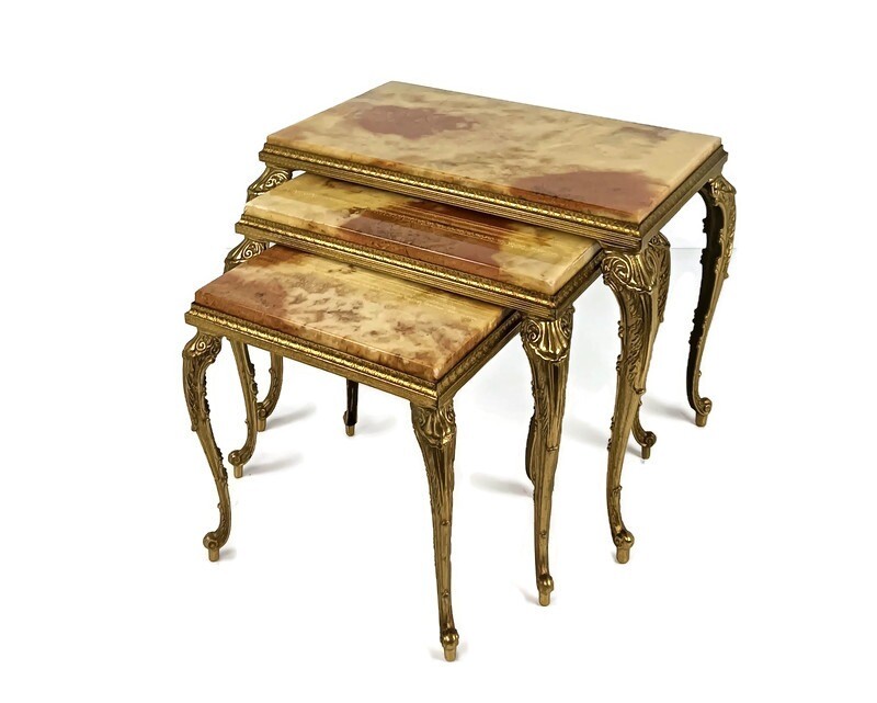 Stylish set of 3 nesting stacking tables Hollywood regency style onyx marble bra
