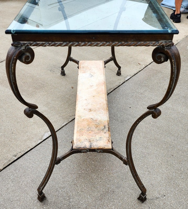 SHERRILL Patinated Console Table Metal Glass Marble 1970s gallery