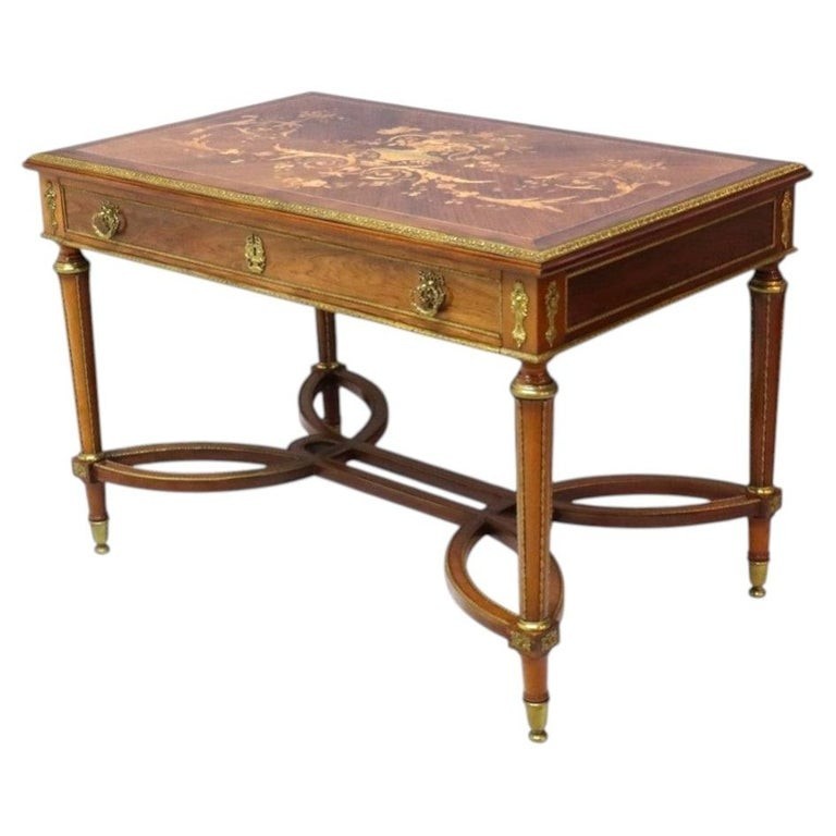 Louis XVI Style Walnut & Ormolu Marquetry & Inlaid 1-Drawer Library Table c1890