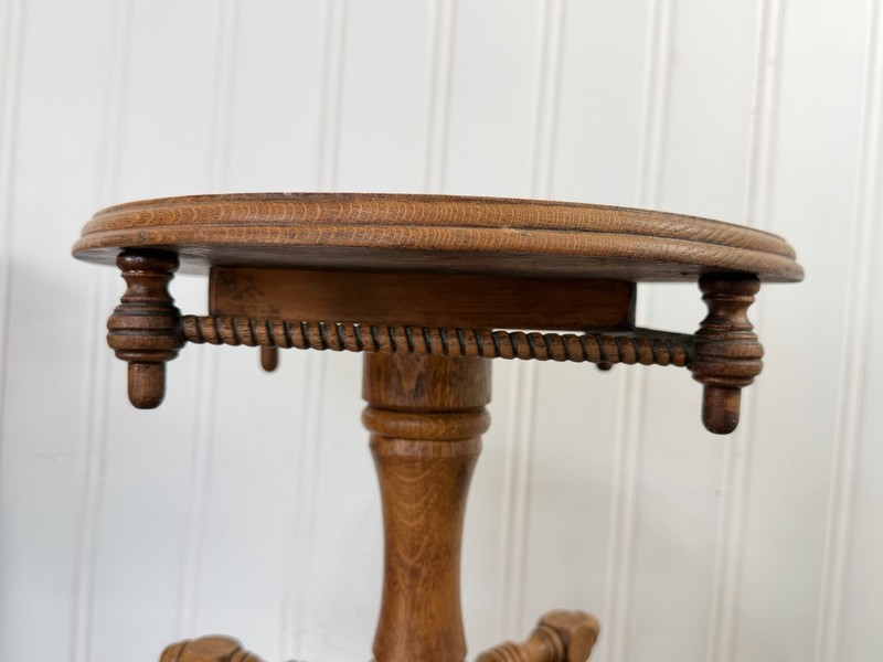 Antique Oak Round Accent Table with Turned Spool Tripod Base Plant Stand gallery