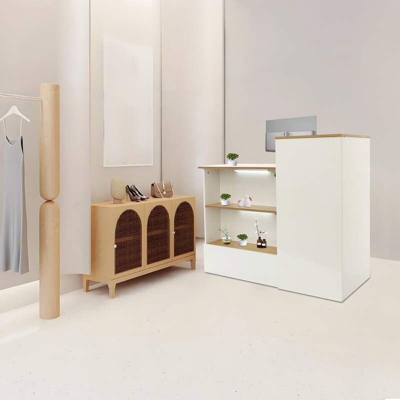 Modern Reception Desk 47.2in With Locking Drawer & Open Shelves Warm White Wood gallery