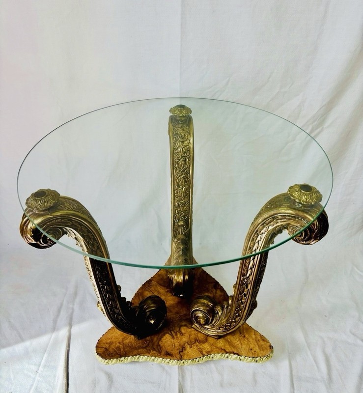 Exquisite Hollywood Regency Carved Gilt Side Table Brass Glass Top Burl Wood