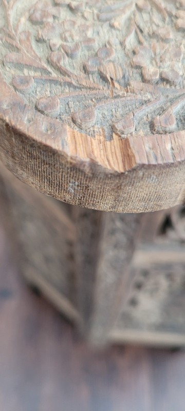 ANTIQUE intricately carved Anglo-Indian wooden side table with inlaid details gallery