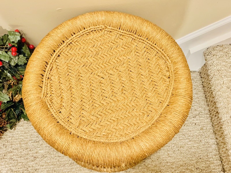 Vtg Table Plant Stand Ottoman Stool Cane Rattan Wicker Woven Boho Mid Century gallery