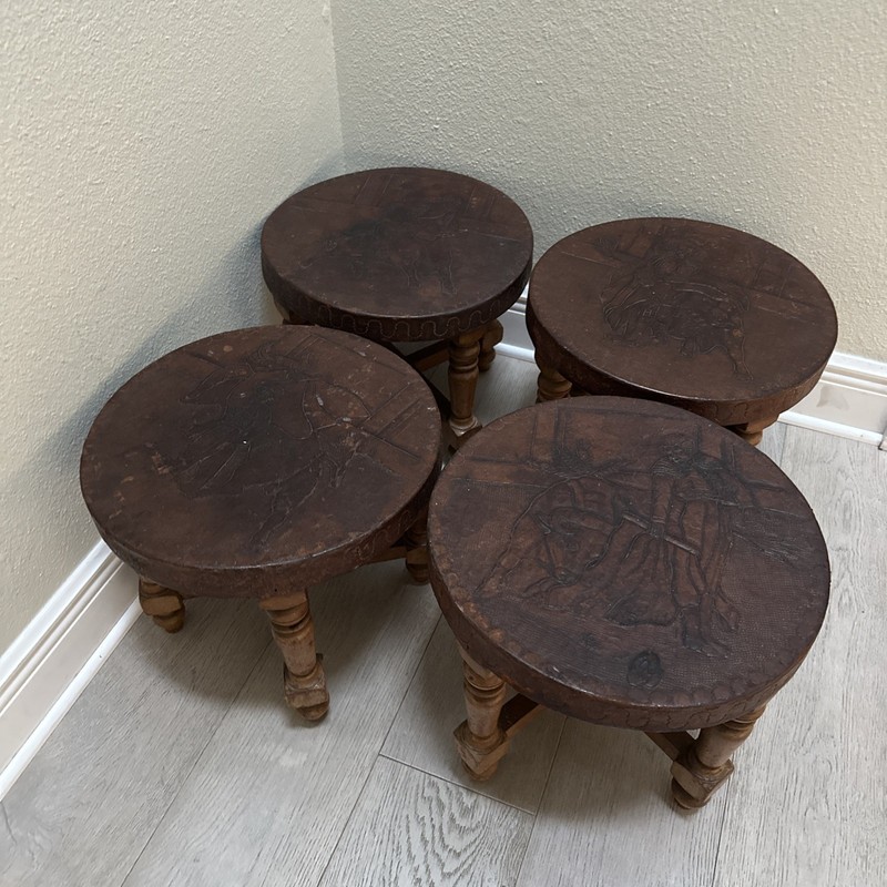 Peruvian Hand Tooled Punched Leather South American Wooden Stools Bull & Matador gallery