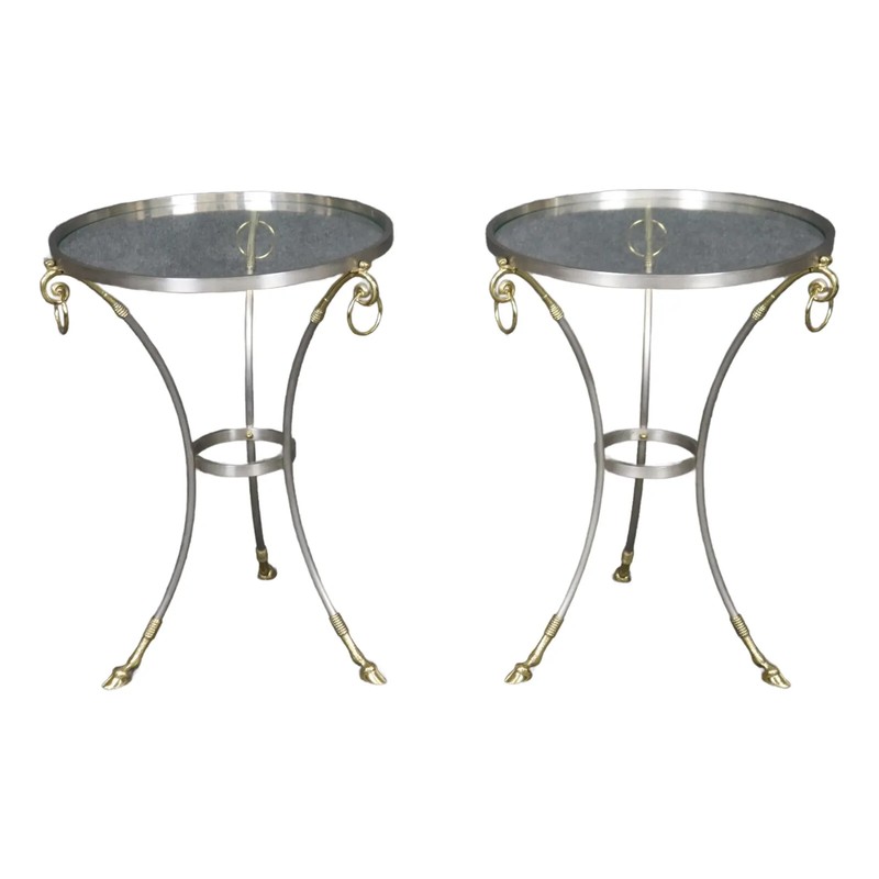 Pair of French Brass and Steel Jansen Style Glass Top Gueridon End Tables