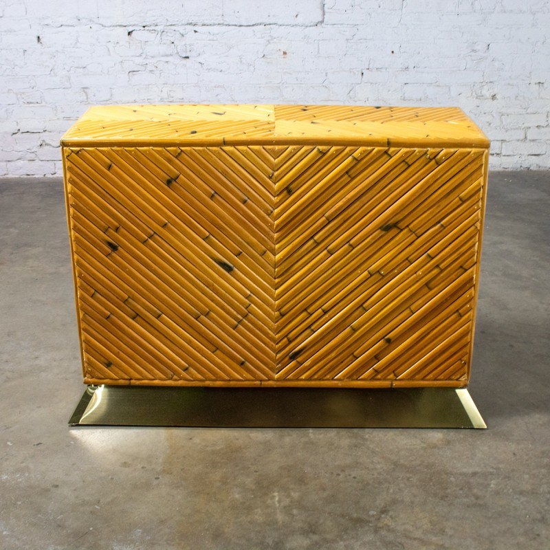 Modern Coastal Sofa Console Table Split Reed Bamboo Pedestal & Brass Plinth Base gallery