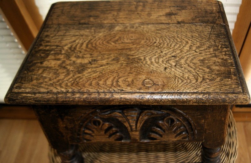 Antique Oak Tudor Style Carved Joint Tavern Stool Hinged Lid Side Lamp Table gallery