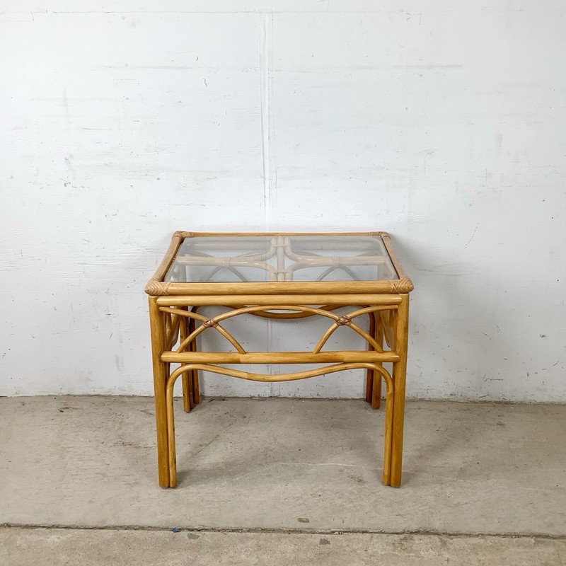 Vintage Rattan Bamboo Side Table Glass Top 1970s 1980s Boho Coastal MCM gallery
