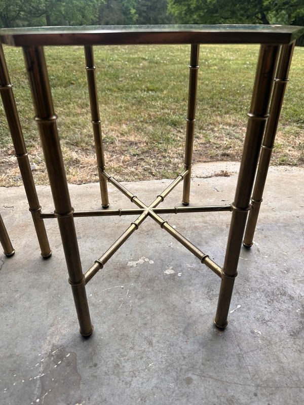 Vintage Hexagonal Brass Glass Side Tables Pair Hollywood Regency 18x18x16in gallery