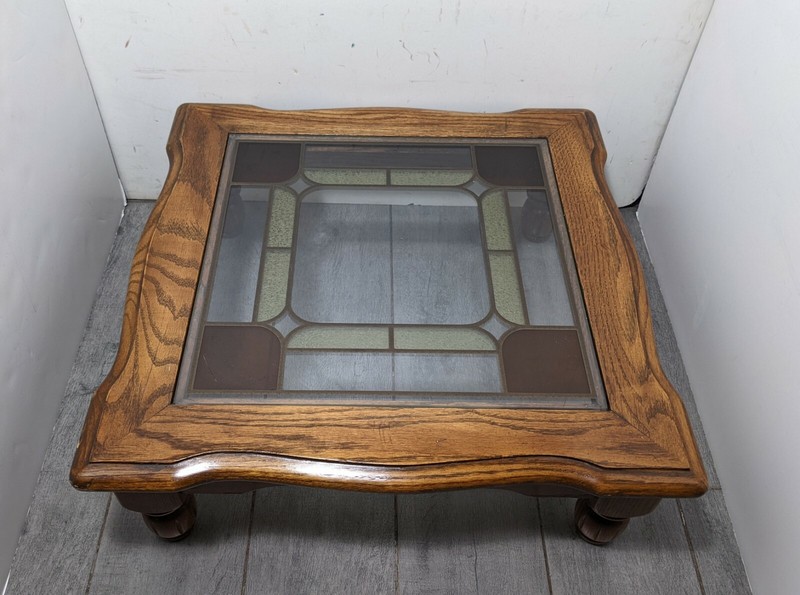 Vintage Rustic Short Oak Wood Stained Glass Table Plant Stand French Boho Chic gallery