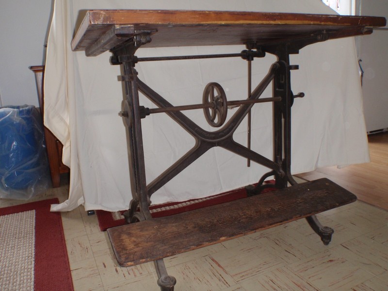 Adj. Vtg Antique Cast Iron Drafting Desk / Table Wooden top Keuffel & Esser gallery