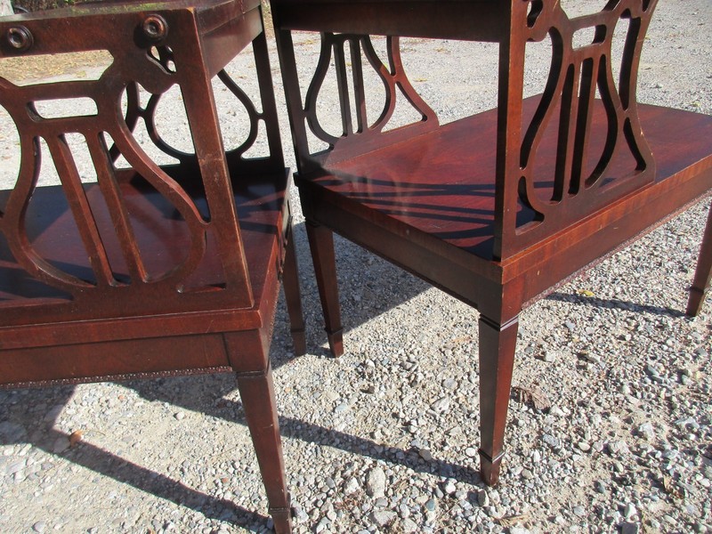 2 Rare Mid-century Lane two tiered end table frework and tapered legs with harps gallery