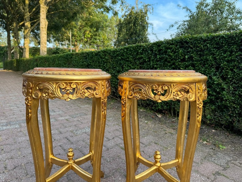 Side Tables Pair French Louis XVI Gold Gilt with Pink Marble Tops Vintage gallery