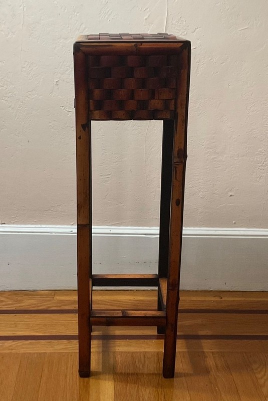 Vintage Bamboo Plant Stand Woven Top Boho Accent Table 27.75” h x 5.4 lb gallery