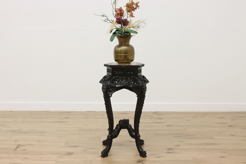 Chinese Antique Rosewood & Marble Sculpture Stand, Dragons #56800