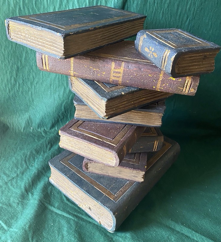 Vintage Side Table Stacked Faux Books Multi Color Hand Painted Wood Sculpture