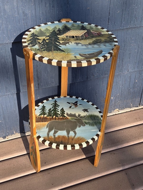Wilderness Handpainted Scene Round 2 Tier Side Table w/ Oar Paddle Legs – Cabin