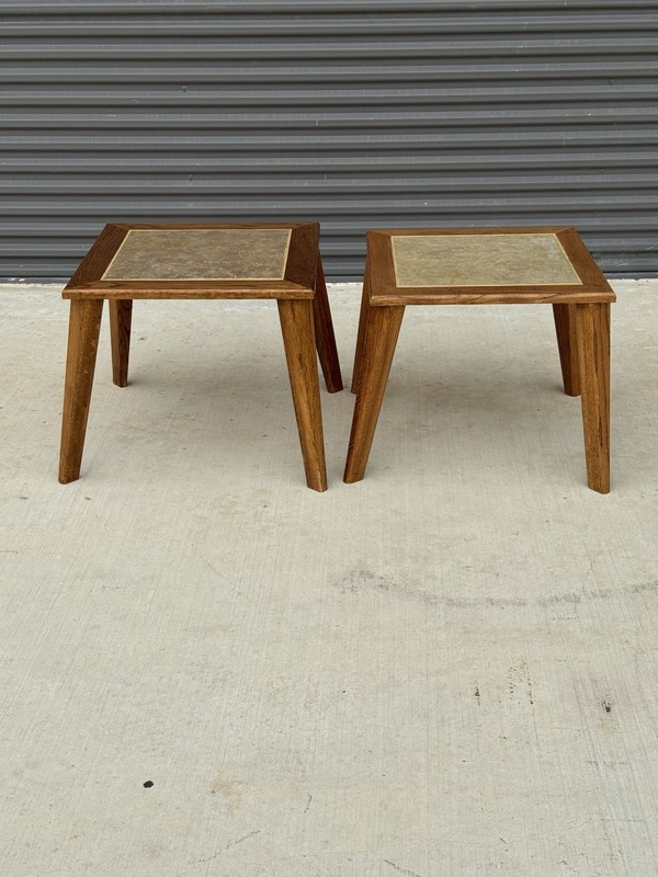 Pair Mid Century Modern HANDMADE Ranch Oak & Inlaid Ceramic Tile Top Side Tables gallery