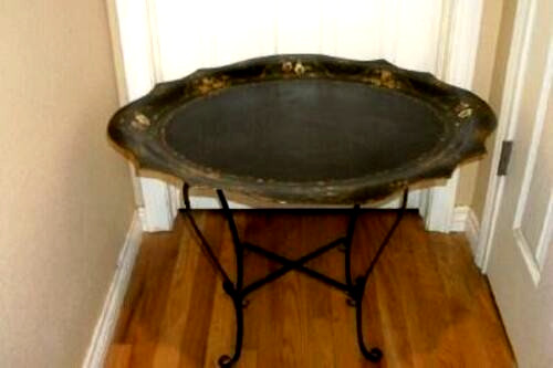 Victorian English HP Tole Tray Table Gilt Floral Green Black Huge Folding Legs