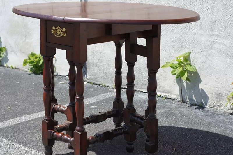 19th C English Jacobean Walnut Drop Leaf Table, Foldable Dining Side Table gallery
