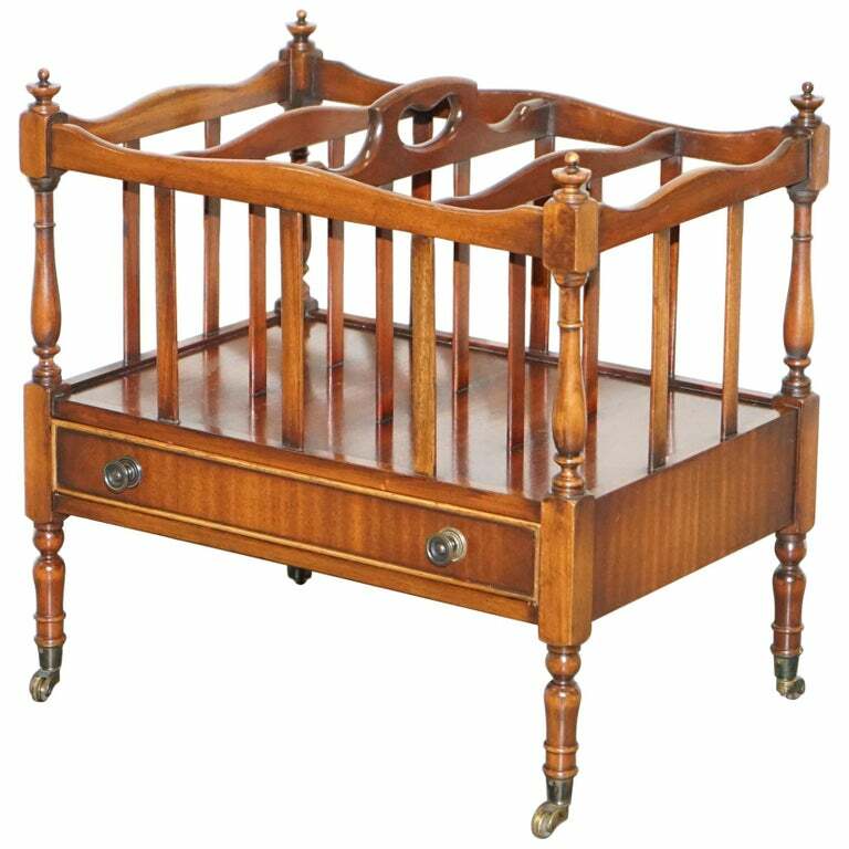 LOVELY VINTAGE MAHOGANY MAGAZINE RACK WITH CASTORS AND SINGLE DRAWER WHATNOT